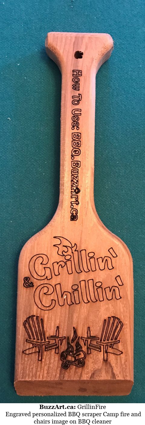 Engraved personalized BBQ scraper Camp fire and chairs image on BBQ cleaner